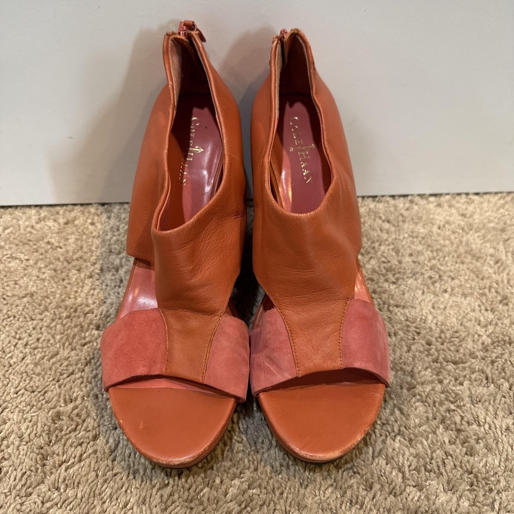 Cole Haan Sandals Shoes Womens Size 10 Orange Leather Wedge Zip Strappy Comfort - Picture 2 of 10